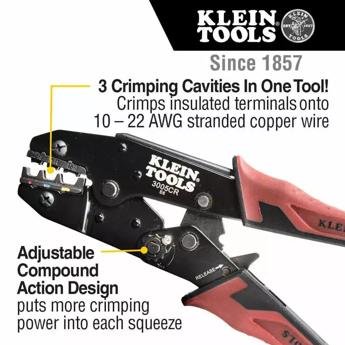 Klein Tools Ratcheting Crimper, 10-22 AWG - Insulated Terminals, Model 3005CR - Image 6