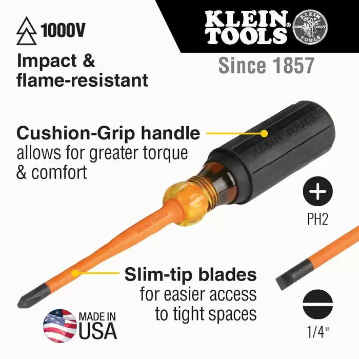 Klein Tools Screwdriver Set, Slim-Tip Insulated Phillips And Cabinet Tips, 2-Piece, Model 33732INS* - Image 2