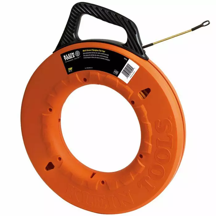 Klein Tools Multi-Groove Fiberglass Fish Tape 200-foot With 7" Spiral Steel Leader, Model 56056*