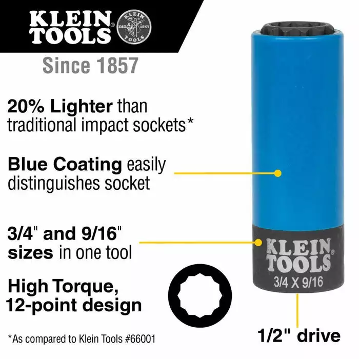 Klein Tools 2-in-1 Coated Impact Socket, 12-Point, 3/4 And 9/16-Inch, Model 66030* - Image 2