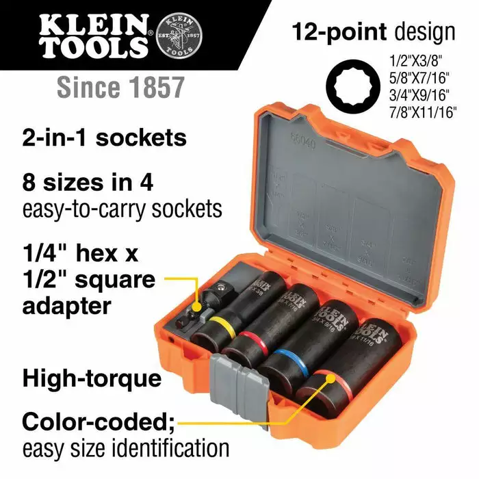 Klein Tools 2-in-1 Impact Socket Set, 12-Point, 5-Piece, Model 66040 - Image 2