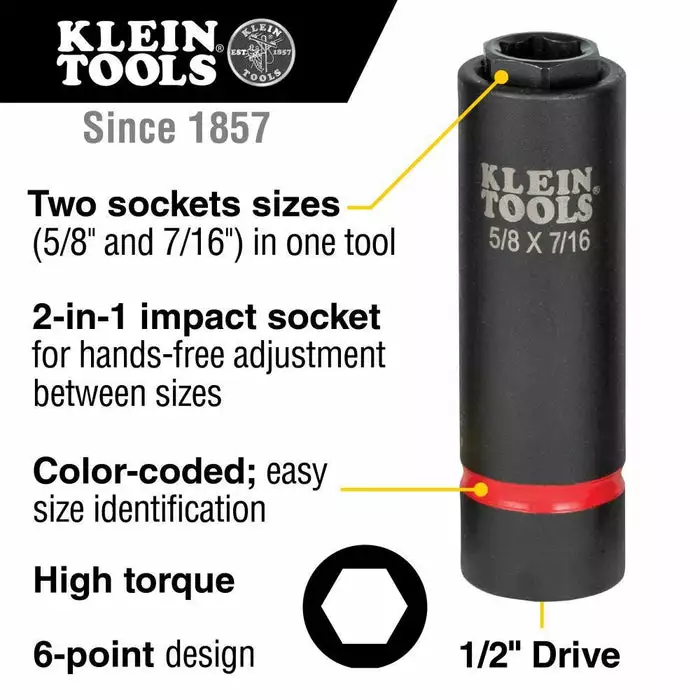 Klein Tools 2-in-1 Impact Socket, 5/8"x7/16", Model 66062* - Image 2