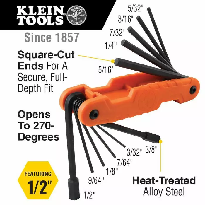 Klein Tools Pro Folding Hex Key Set, 11 Fractional Inch-Sized Keys, Model 70550 - Image 6