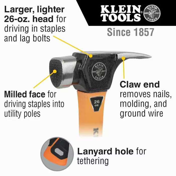 Klein Tools Lineman's Claw Milled Hammer, Model 832-26 - Image 2