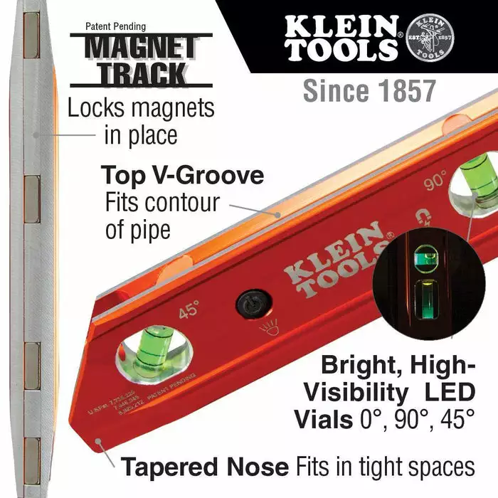 Klein Tools Lighted Torpedo Billet Level, Rare Earth Magnet, Model 935RBLT - Image 2