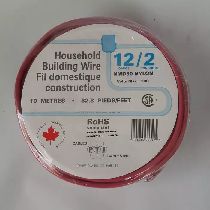 PTI Cables Household Building Wire NMD90, 12/2 10m Red
