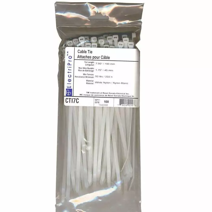 ElectriPro 7" White Nylon Indoor Cable Ties (100 Units), Model EPOCTI7C