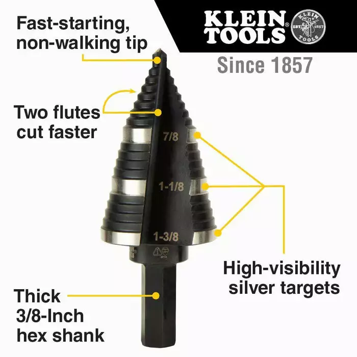 Klein Tools Step Drill Bit #15 Double Fluted 7/8 To 1-3/8-Inch, Model KTSB15* - Image 2