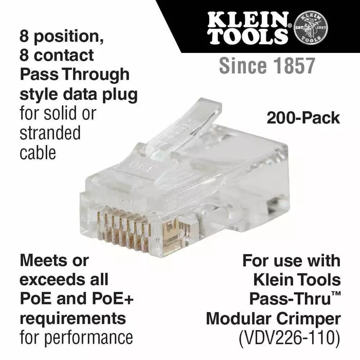Klein Tools Pass-Thru Modular Data Plugs, RJ45-Cat6, 200-Pack, Model VDV826-763* - Image 2